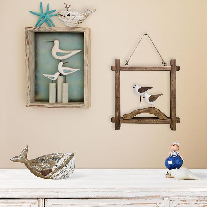 Linfevisi Wooden Seabird Wall Decor Hanging Nautical Decorations Solid Wood Seagull Wall Sculpture Inside Coastal Beach Ocean Sea Theme Wall Art for Home Decor Bathroom 8.66 Inch