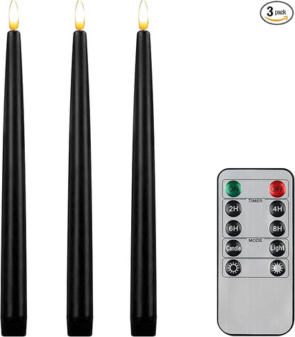CVHOMEDECO. Flameless Taper Candles with 10-Key Remote, Battery Operated Led Flickering 3D Wick Window Candles Real Wax Finished Home Christmas Party Decor 0.78 x 11 Inch, Pack of 3, Black