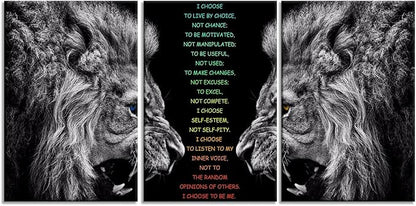 Motivational 3 Pieces Lion Wall Art for Office Inspirational I Choose Poster Inspirational Canvas Painting Prints Wall Pictures for Living Room Home Decor Framed Artwork [48''Wx 24''H]