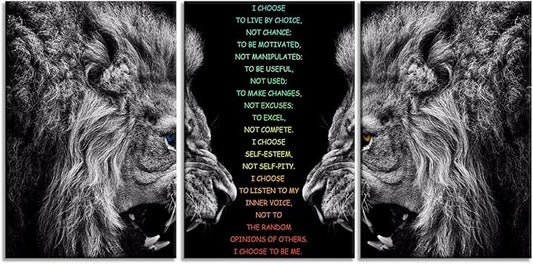 Motivational 3 Pieces Lion Wall Art for Office Inspirational I Choose Poster Inspirational Canvas Painting Prints Wall Pictures for Living Room Home Decor Framed Artwork [48''Wx 24''H]