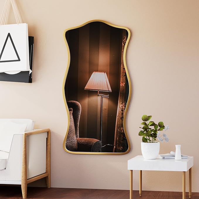 Irregular Wavy Wall Mirror,47"x22"Asymmetrical Wall Mirror,Aluminum Alloy Frame Large Abstract Modern Unique Shape Full Length Mirrors for Living Room Bathroom Bedroom Entryway Hallway