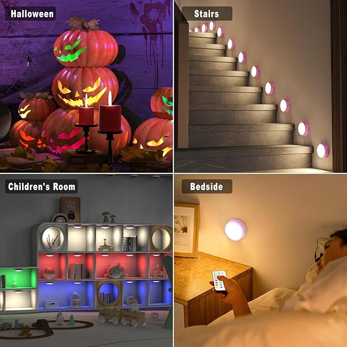 HELPLEX LED Puck Lights with Remote, 6 Pack Color Changing RGBW Stick-On Light, Battery Powered, Dimmable Under Cabinet Lighting with Timer & Memory, Wireless Push Lights for Kitchen & Closet, Pink