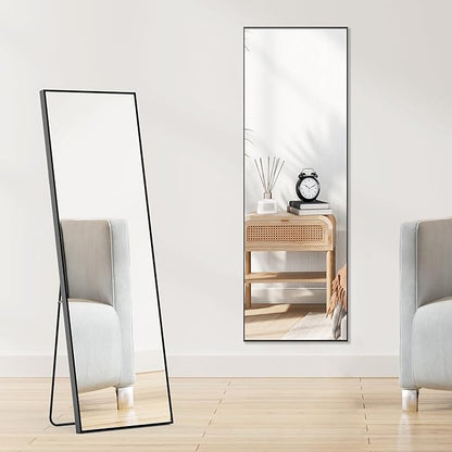 OLIXIS Full Length Mirror 59"x16.3" for Bedroom, Full Body Mirror with Stand, Hanging or Leaning for Wall, Aluminum Alloy Thin Frame Floor Standing for Living Room, Long, Black