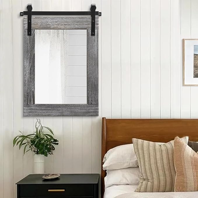 AAZZKANG Wall Mirror Large Rectangle Barn Door Mirrors with Wooden Framed Rustic for Bedroom Bathroom Living Room 26"x18"