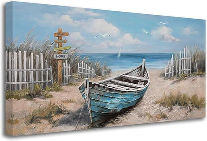 Ardemy Boat Canvas Wall Art Nautical Art Wall Decor for Living Room, Blue Teal Bedroom Picture Textured Beach Painting Framed Artwork Dining Room Home Office Kitchen, Large 40"x20"