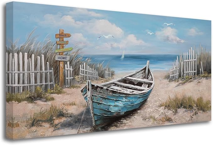 Ardemy Boat Canvas Wall Art Nautical Art Wall Decor for Living Room, Blue Teal Bedroom Picture Textured Beach Painting Framed Artwork Dining Room Home Office Kitchen, Extra Large 58"x29"