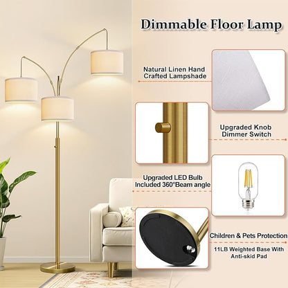 Dimmable Floor Lamp, 3 Light Brass Arc Floor Lamp, Modern Tall Standing Tree Lamp with White Linen Shades & Heavy Base, 3000LM LED Bulbs, Bright Lighting for Living Room, Bedroom, Office & Reading