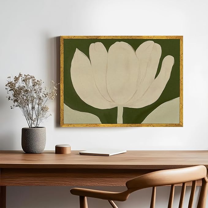 Large Gold Framed White Tulip Canvas Poster Green Modern Botanical Wall Art Elegant Floral Horizontal Boho Painting Prints Retro Stylish Flower Pictures Artwork Aesthetic Wall Decor 24x36inch