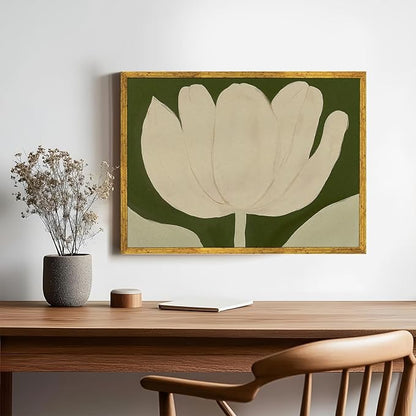 Large Gold Framed White Tulip Canvas Poster Green Modern Botanical Wall Art Elegant Floral Horizontal Boho Painting Prints Retro Stylish Flower Pictures Artwork Aesthetic Wall Decor 24x36inch
