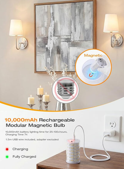 CLOUDY BAY Battery 10000mAh Operated Wall Sconces,Up to 100 Hours with Rechargeable RGB Dimmable Magnetic Bulb,Cordless Wall Lighting Fixtures with Remote for Bedroom,Brushed Nickel,2 Pack-12inch