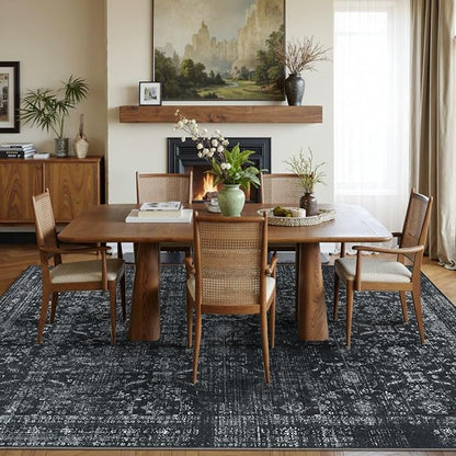 Rugxara 5x7 Area Rugs for Living Room Bedroom, Washable Rug, Black Vintage Floral Boho Rug, Non Slip & Low Pile Faux Wool Thin Carpet for Indoor Dining Room and Kids Room(Black 5x7ft)