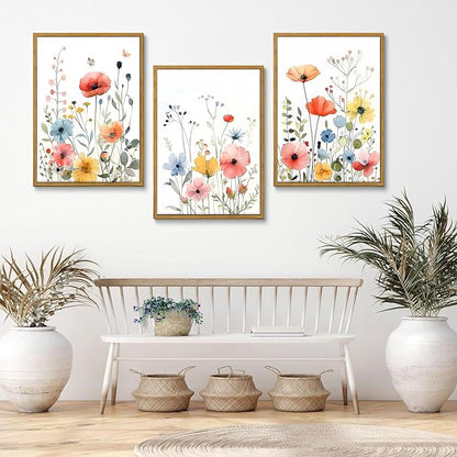 KISSFOX Colorful Wildflower Canvas Wall Art Set Of 3 Flowers Pictures Prints Flowers Printing Floral Watercolors Flower wall Decor Living Room Girls Bedroom Bathroom (White, 12"x16" Natural Framed, Framed)