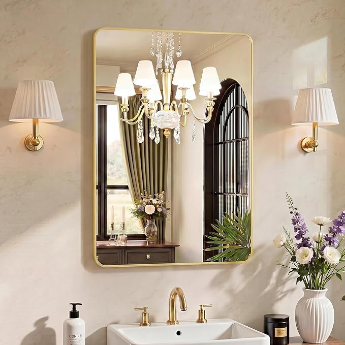 OLIXIS Bathroom Mirror for Over Sink, 36x24 Inch Wall Mount Mirror with Rounded Rectangle and Matte Metal Framed, Modern Wall Vanity Mirror for Home Decor, Living Room, Bedroom, Gold