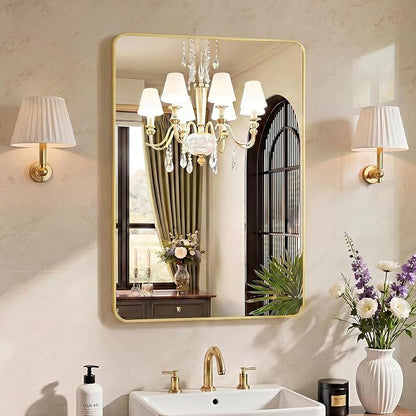 OLIXIS Bathroom Mirror for Over Sink, 36x24 Inch Wall Mount Mirror with Rounded Rectangle and Matte Metal Framed, Modern Wall Vanity Mirror for Home Decor, Living Room, Bedroom, Gold