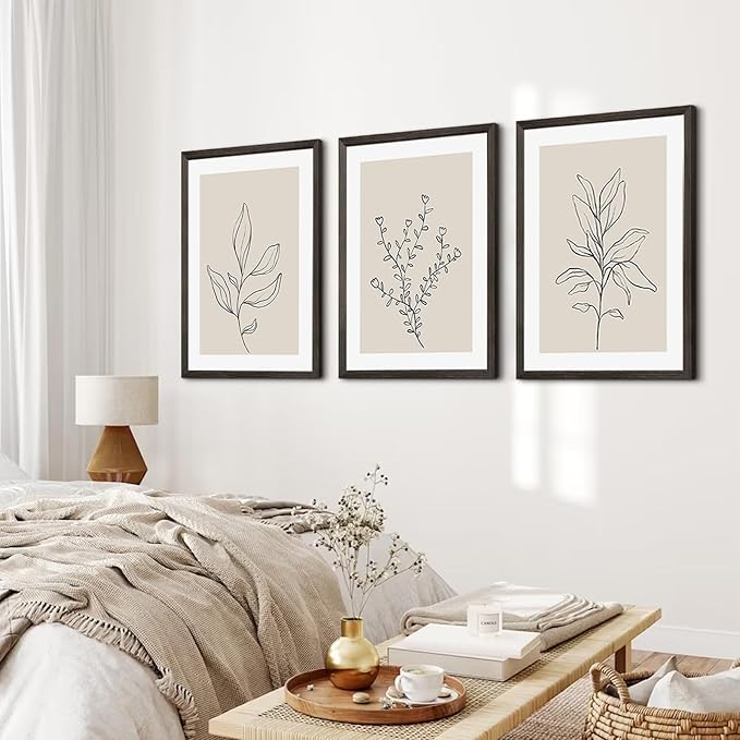 Botanical Wall Art Decor Neutral Wall Decor Boho Beige Canvas Wall Art Botanical Minimalist Pictures Neutral Prints Beige Posters Boho Artwork for Room Bedroom 12x16x3 Inch Wood Framed