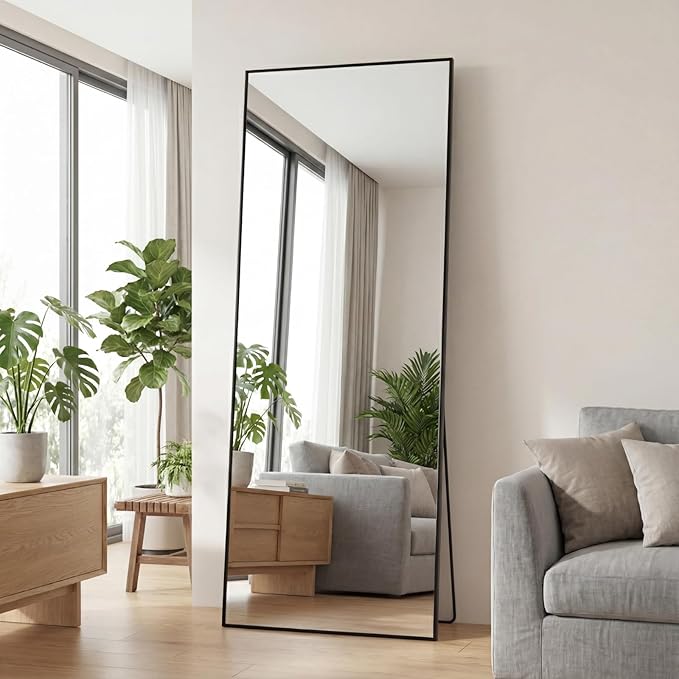 Sweetcrispy 56"x21" Full Length Mirror, Full Body Mirror with Aluminum Alloy Thin Frame, Leaning or Standing, Suitable for Bedroom, Livingroom, Cloakroom, Black