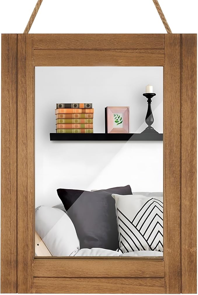 Rectangle Wall Mirror for Bathroom, Distressed White Wood Decor with Hanging Rope for Rustic Home Decor, Vanity, Living Room 12"×16"（Wooden）