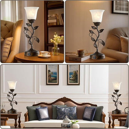 Touch Bedside Table Lamp, Vintage Nightstand Lamp with 2 USB Ports for Living Room, 3 Way Dimmable Leaf Lamp Retro Table Lamp for Bedroom with White Glass Shade, LED Bulb Included