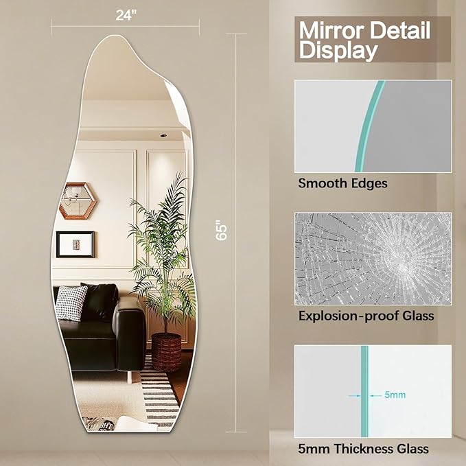 Niccy 65"×24" Frameless Wavy Full Length Mirrors, Long Wall-Mounted Mirror for Living Room, Large Full Body Floor Mirror, Explosion-Proof Tall Hanging-Mirror for Bathroom Bedroom Entryway Decor