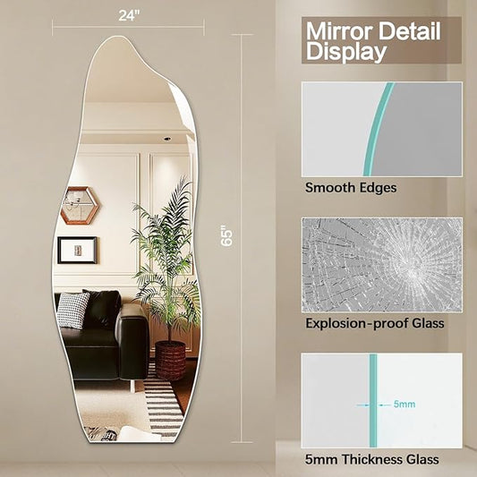 Niccy 65"×24" Frameless Wavy Full Length Mirrors, Long Wall-Mounted Mirror for Living Room, Large Full Body Floor Mirror, Explosion-Proof Tall Hanging-Mirror for Bathroom Bedroom Entryway Decor