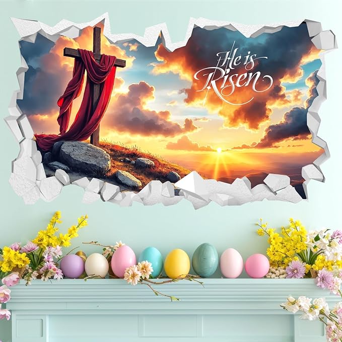 Easter Wall Decoration Stickers He is Risen Wall Art Vinyl Decals Peel and Stick 3D Broken Cross Landscape Stickers Religious Christian Art Murals for Spring Holiday Living Room Kitchen Supplies