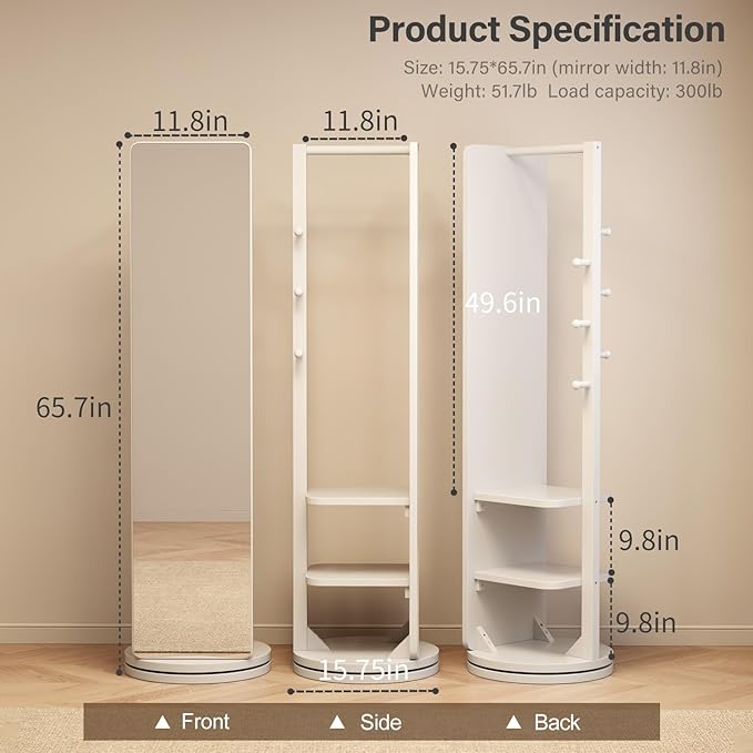 WoodsWhisper Full Length Mirror Coat Rack Solid Wood Floor Mirror 66"x12" Full Length Mirror with Stand Long Mirrors for Bedroom,Living Room (White, 66" Lx12 W)