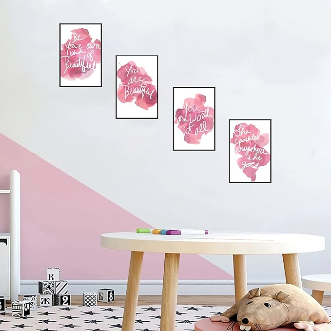 Set of 4 Framed Motivational Wall Art Quote Pink Woman's Room Home Decor, Canvas Painting Posters Print Pictures Positive Words for Office Bedroom Decoration