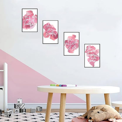 Set of 4 Framed Motivational Wall Art Quote Pink Woman's Room Home Decor, Canvas Painting Posters Print Pictures Positive Words for Office Bedroom Decoration