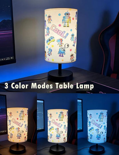 Kids Lamps for Bedrooms Boys, Robot Bedside Lamp 3-Color Small Linen Desk Lamp, 10 x 5.12 Inch with Integrated LED, for Boys & Girls Bedroom, Living Lighting Table Lamps Home Decoration
