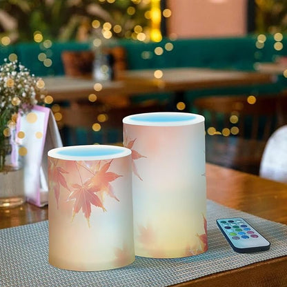Thanksgiving Decorations Lights Flameless Candles Thanksgiving Autumn Leaves Golden Maple Leaves Pillar Candles Set of 2 Battery Operated Remote Control Warm Lights