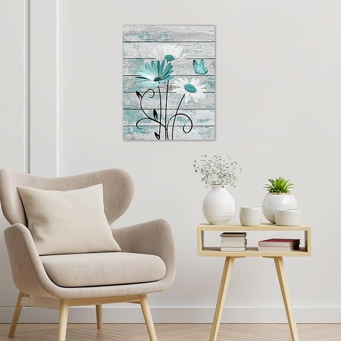 HVEST Vintage Floral Canvas Wall Art Teal Daisy and Butterfly on Farmhouse Wooden Wall Decor for Bedroom, Country Wildflower Framed Wall Art for Living Room Office Dorm Home Decor,24L X 16W inches