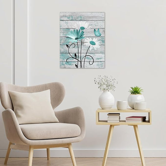 HVEST Vintage Floral Canvas Wall Art Teal Daisy and Butterfly on Farmhouse Wooden Wall Decor for Bedroom, Country Wildflower Framed Wall Art for Living Room Office Dorm Home Decor,24L X 16W inches