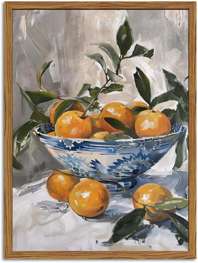 Framed Vintage Oranges Canvas Wall Art, Rustic Kitchen Pictures Wall Decor, Cottagecore Farmhouse Fruit Still Life Paintings Prints Antique Home Decor for Living Room Dining Room 16x24 inch