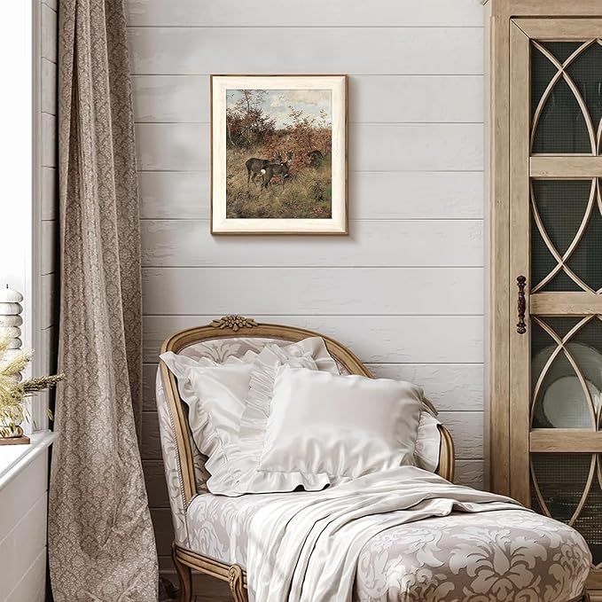 Uniro Vintage Framed Wall Art, Classical Fall Countryside Landscape Oil Painting, Rustic Autumn Deer Hunting Lodge Decor, Farmhouse Wall Decor Canvas Prints Artwork with Antique Frame, Victorian Wall Picture Decor for Gallery Living Room - 10"x12"