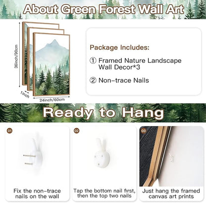 CHDITB Mountain Landscape Framed Canvas Wall Art(24"x36"), 3 Panels Boho Nature Forest Artwork Prints, Large Abstract Modern Green Pine Trees Art Decor for Bedroom Living Room Office