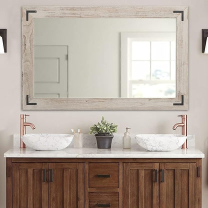 YOSHOOT Rustic Wooden Framed Wall Mirror, Natural Wood Bathroom Vanity Mirror for Farmhouse Decor, Vertical or Horizontal Hanging (40" x 26", White Grey)