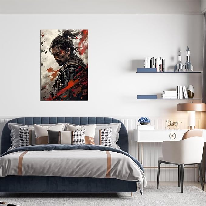 Samurai Wall Art Japan Painting Canvas Prints Warrior Figure Pictures Bushido Posters Japanese Culture Theme Artwork for Bedroom Classroom Dorm Living Room Aesthetic Decor Framed (28''W x 44''H)
