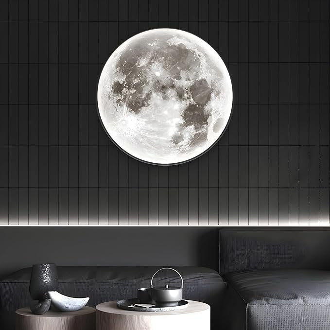LITFAD Round Shape Wall Mount Light Simple Wall Lamp Moon LED Wall Sconce with Acrylic Shade for Living Room Bedroom Hotel - 110V-120V 39.5" Warm Light