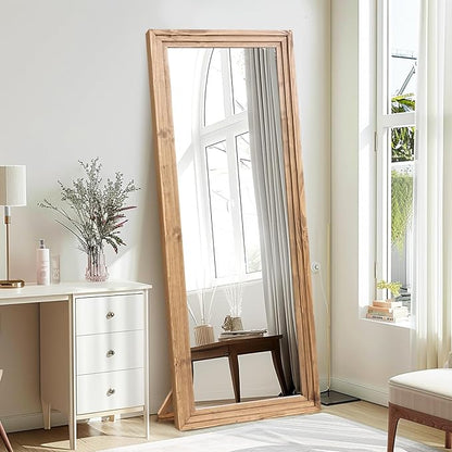 65"x22" Full Length Mirror Solid Wood Frame Floor Mirror with Stand for Living Room, Bedroom Hanging Standing or Leaning, Wood Color