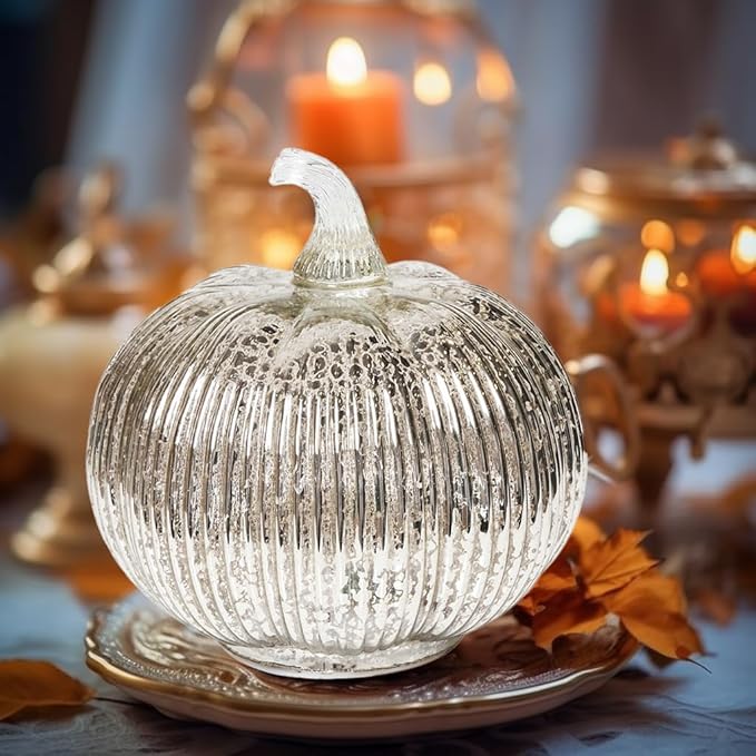 Mercury Glass Light Up Pumpkin with Timer, Fall Decoration for Home, Silver Halloween Festive Decor Lamp