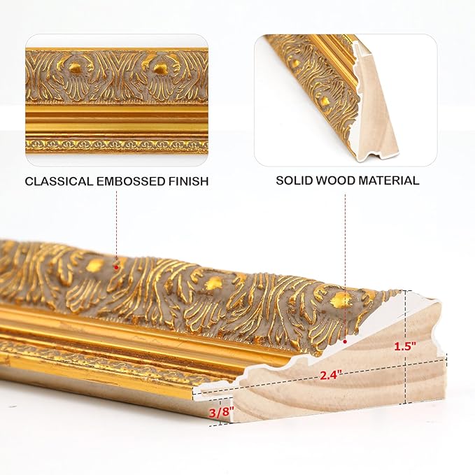 Solid Wood Frame for 8x10 Canvas Paintings, Finished Antique Gold Ornate Canvas Frame for Oil Painting Art Prints Home Living Room Wall Decor (No Glass & Backboard)