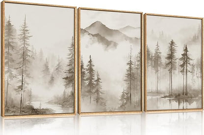 HPNIUB Foggy Mountain Forest Framed Wall Art Set, Abstract Misty Woodland Wall Decor,Neutral Pine Tree Farmhouse Art Print,Modern Nature Landscape Artwork for Living Room, Bedroom,Office-16''x24''x3