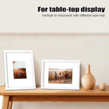 KINLINK 11x14 Picture Frame White, Solid Wood Frames with Acrylic Plexiglass for Pictures 5x7/8x10 with Mat or 11x14 without Mat, Tabletop and Wall Display, Set of 4