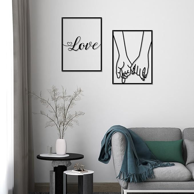 EDCIJB 3 Pcs Love Hands Minimalist Black Metal Wall Art Valentines Day Wall Decor Abstract Love Heart Black Couple Wall Art Decor for Bedroom Living Room