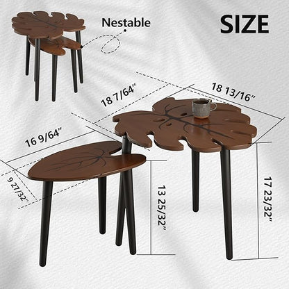 BAMEOS Monstera Leaf Nesting Tables Set of 2, Small Side Tables f Set with Leaf Vein Pattern, Modern Wooden CoffeeTables for Living Room Bedroom Apartment Balcony Yard