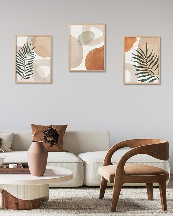 HesenDot Unframed Neutral Boho Wall Art Set of 3, 12x16in Botanical Leaves Abstract Geometric Canvas Posters, Minimalist Modern Aesthetic Wall Decor for Bedroom Living Room Home