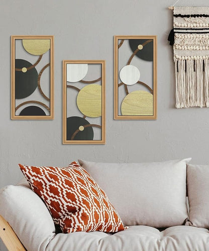 Putuo Decor Modern Geometric Cut-Out Wall Art Set of 3, Black Gold Circle Wall Panels for Living Room Bedroom Office, 3D Layered Abstract Metal Look Wall Decor