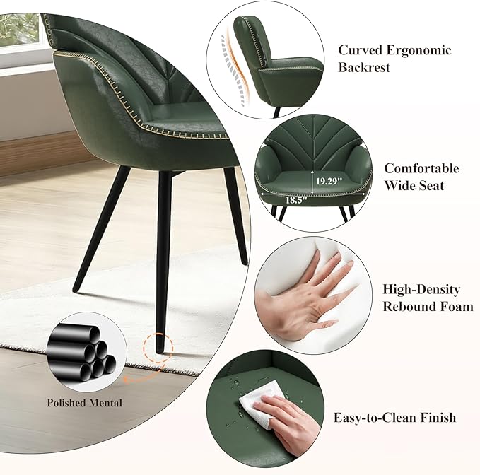 MALOL Modern Mid-Century Faux Leather Accent Chair, Upholstered Armchair with Curved Backrest, Sturdy Metal Base, Living Room, Bedroom & Reading Nook,Green