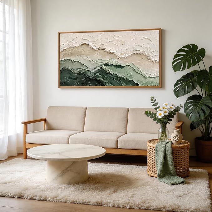 Aurlan Abstract Green Beige Gray Pastel Framed Wall Art(40"x20"), 3D Textured Modern Neutral landscape Canvas Artwork, Large Minimalist Watercolor Ocean Waves Painting Decor for Home Office Living Room Bedroom