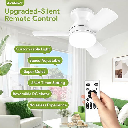 26" White Ceiling Fans with Lights and Remote, Low Profile Ceiling Fan with Light, Reversible DC Motors, 3CCT Dimmable Timer Noiseless, Flush Mount Ceiling Fan for Bedroom/Living Room